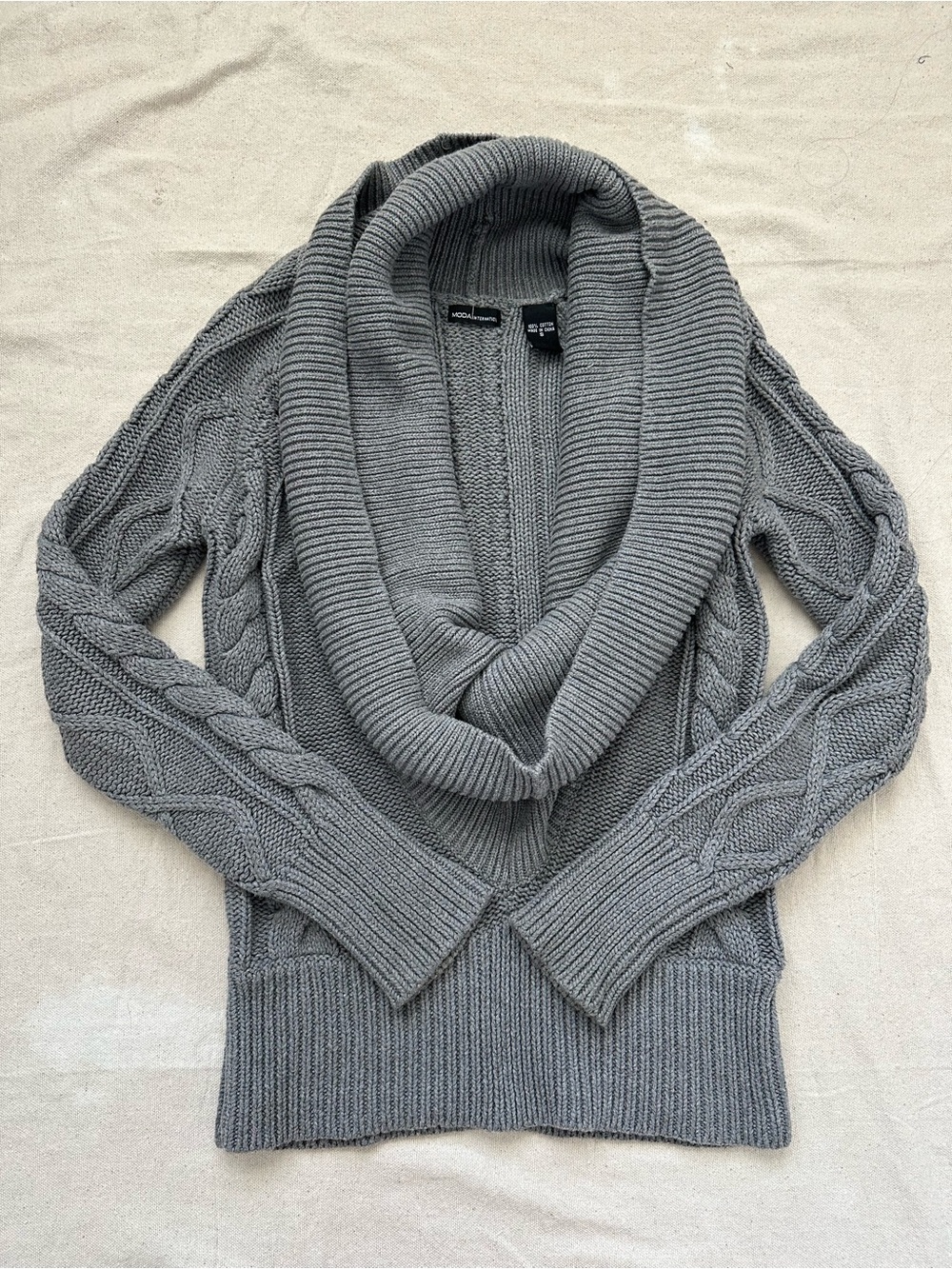 Moda International Gray Chunky Cable Knit Draped Cowl Neck Sweater 100% Cotton S